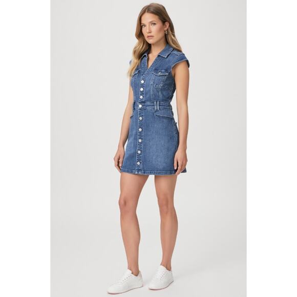 PAIGE Jaxsyn Denim Cap Sleeve Mini Dress Size 4 Kamilla Medium Blue Wash - Picture 4 of 15